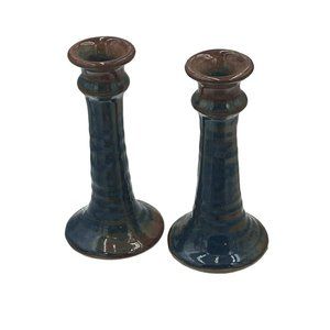 Studio Pottery Pair Of Candlestick Holder Drip Glaze Blue Brown Artist Signed 6”